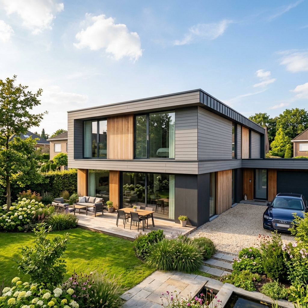 Maison belge moderne avec bardage composite ventilé — facade bois et fibres-ciment