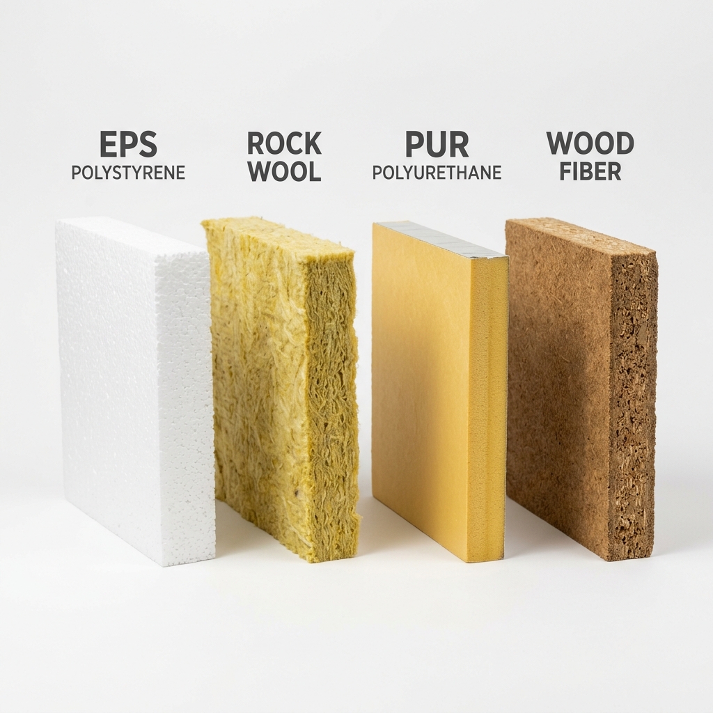 Les 4 principaux matériaux d'isolation des murs : EPS polystyrène, laine de roche, PUR polyuréthane, fibre de bois