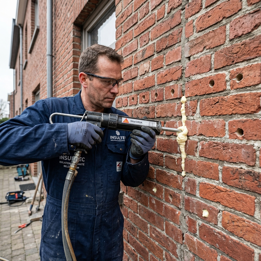 Injection de mousse PUR dans un mur creux en briques — isolation par remplissage de la coulisse